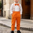 thumbnail image 2 of QTBIUQ Toddler Boys Three-Piece Suit Set Cotton Turn-Down Collar Shirt and Suspender Pants Formal Outfit Set with Bow Tie, 2 of 9