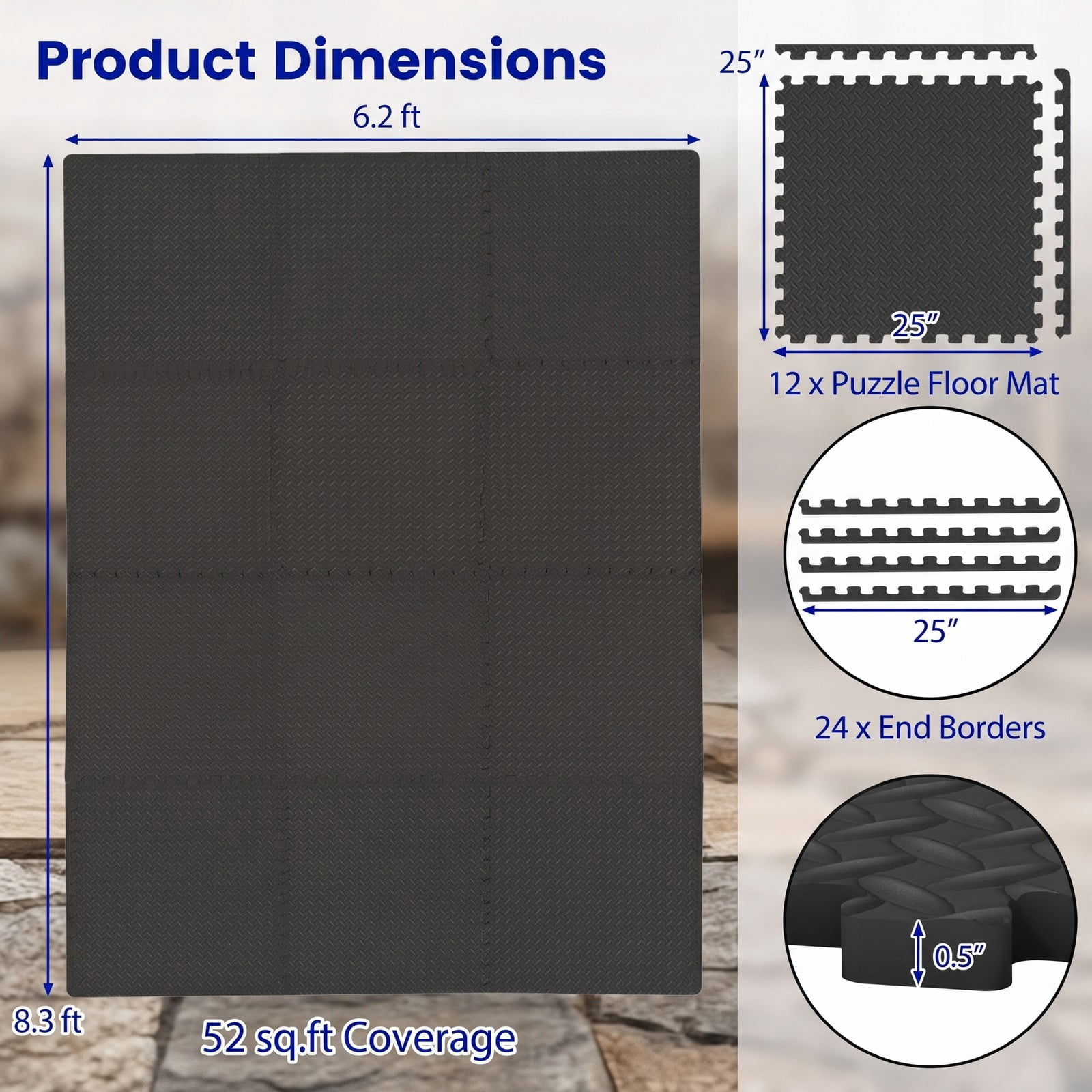 Airfind 12 Tiles Puzzle Exercise Floor Mat with Interlocking EVA Foam and Non-Slip Texture for Home Gym Equipment Protection, Black