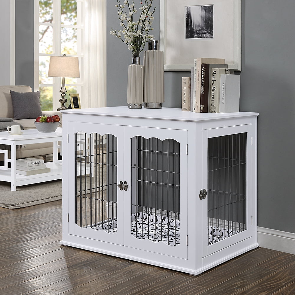 Unipaws Pet Crate Dog Bed End Table with Cushion, Wooden Wire Dog Kennels with Double Doors
