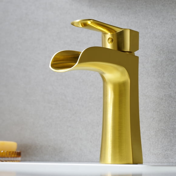 Single Hole Single-Handle Brass Waterfall Bathroom Faucet in Brushed Gold