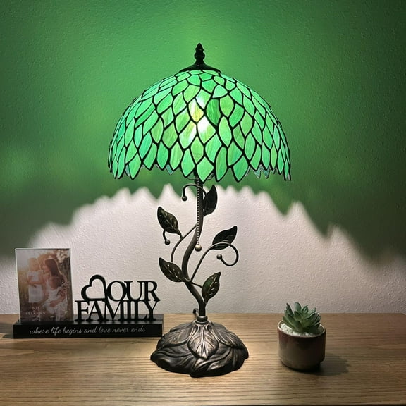 Tiffany Table Lamp Green Leaves Stained Glass Iron Metal Leaves Bronze Base Included LED Bulb for Living Room Dining Room Bedroom Bedside 12"W*12"D*22"H