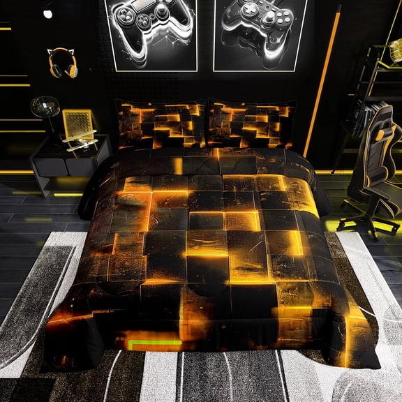 Black Orange Abstract Comforter Twin Gradient Square Twin Bedding Set, Geometry Grid Down Comforter Neon Checkered Bed Set Glowing Plaid Quilted Duvet 3D Modern Bedroom Decor 2pcs (Black Reversible)