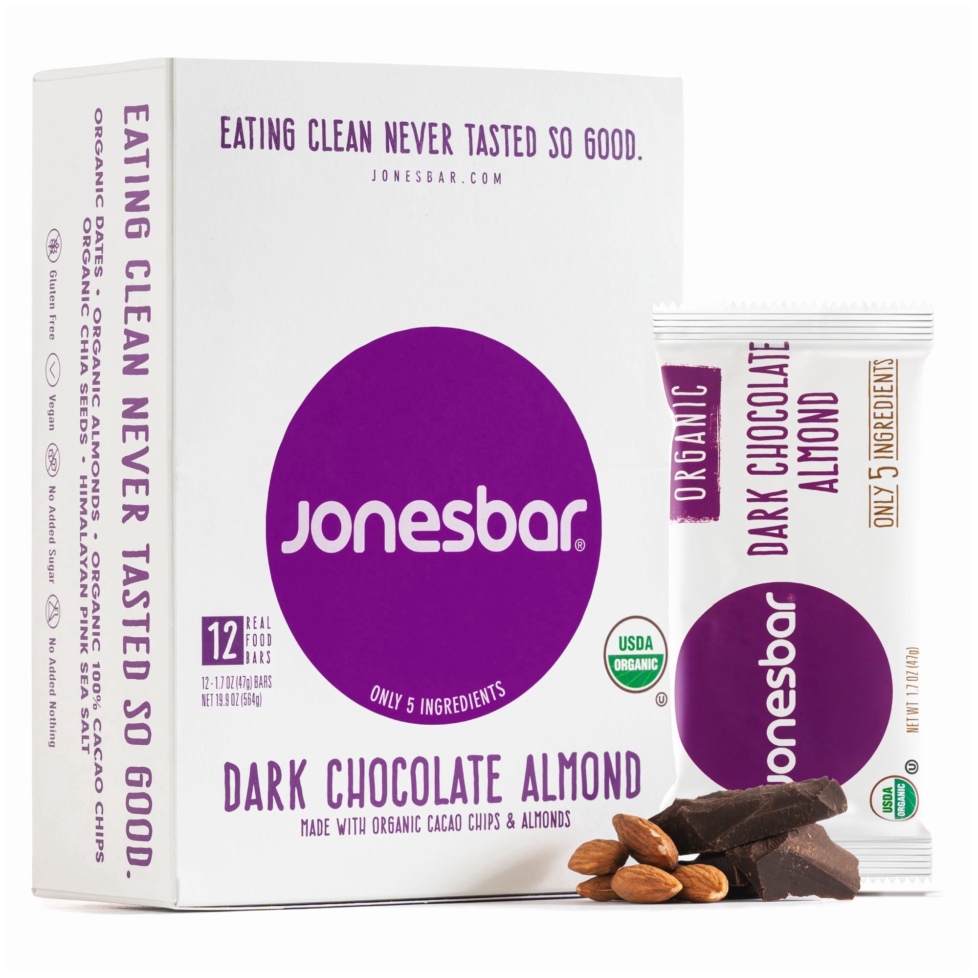 Jonesbar Dark Chocolate Almond Snack Bars, Certified Organic, Vegan Protein Bars, 12 Count