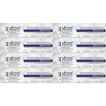 (Pack of 8) Crest 3D White Brilliance Whitening Toothpaste, Vibrant Peppermint, Travel Size, TSA Approved, 0.85 Ounce