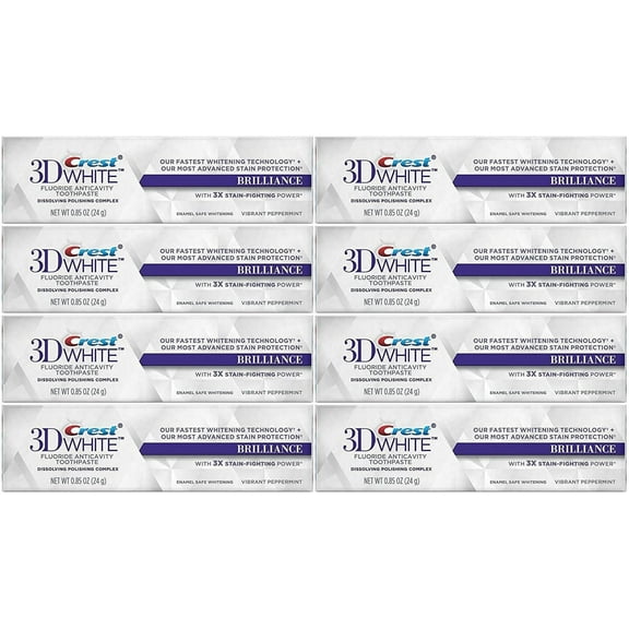 (Pack of 8) Crest 3D White Brilliance Whitening Toothpaste, Vibrant Peppermint, Travel Size, TSA Approved, 0.85 Ounce