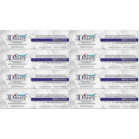 (Pack of 8) Crest 3D White Brilliance Whitening Toothpaste, Vibrant Peppermint, Travel Size, TSA Approved, 0.85 Ounce