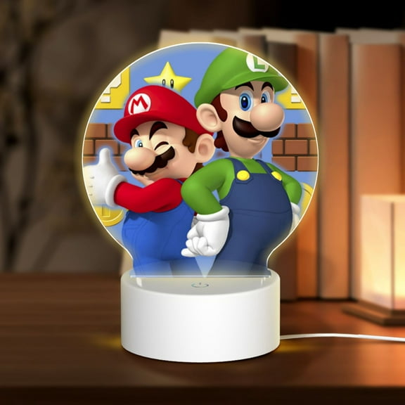 Super Mario Luigi Round Acrylic Night Light Decoration USB Cable LED Lamp Base with Touch Control Adjustable 3 Light Modes Nightlight Decor