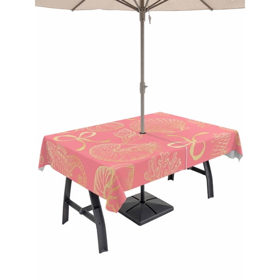 Outdoor Tablecloth with Umbrella Hole for Patio/Picnic/Party/Camping, Ocean Conch Shell Waterproof Table Cloth Rectangle Table Cover Washable, Coastal Seahorse Coral Bows Retro Pink (60"x 120")