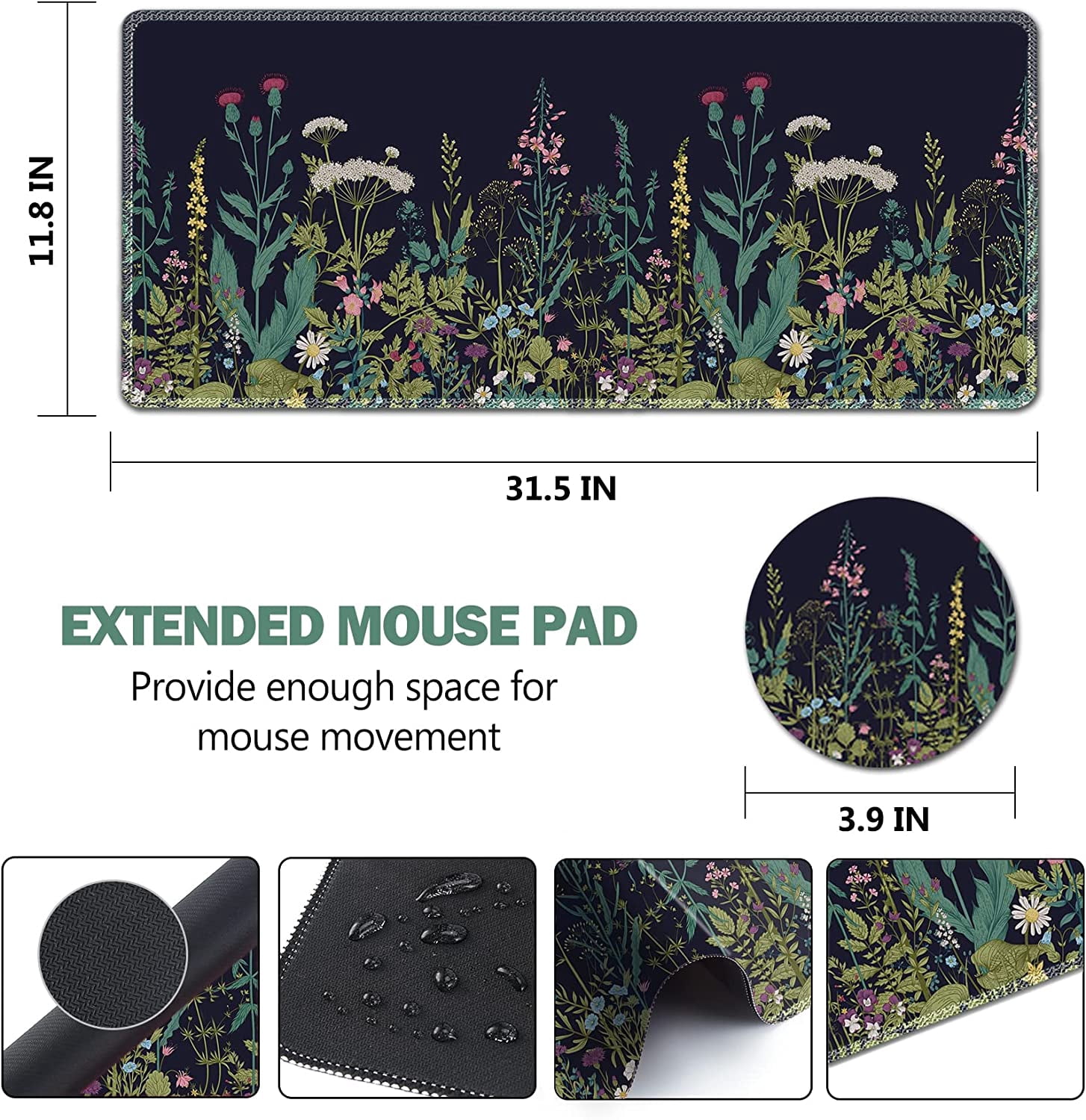 Large Gaming Mouse Pad Extended Mouse Pad with Stitched Edge, Keyboard Mouse Mat Non-Slip Rubber Base Desk Pad 31.5x11.8 inch for Office Home Game Work, Flowers Plants