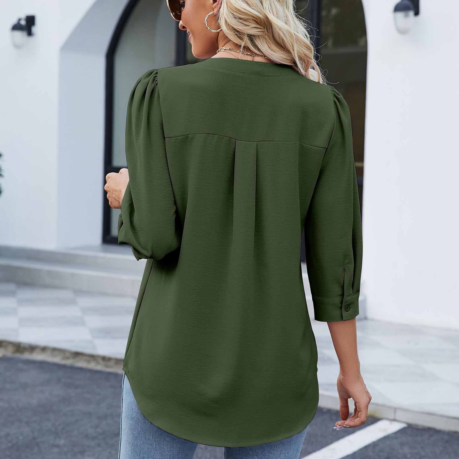 RQYYD Womens Tops Dressy Pleated Front Casual 3/4 Sleeve Blouses V Neck  Business Work Shirts Summer Solid Loose Fit Tee Shirts(Green,XL) 