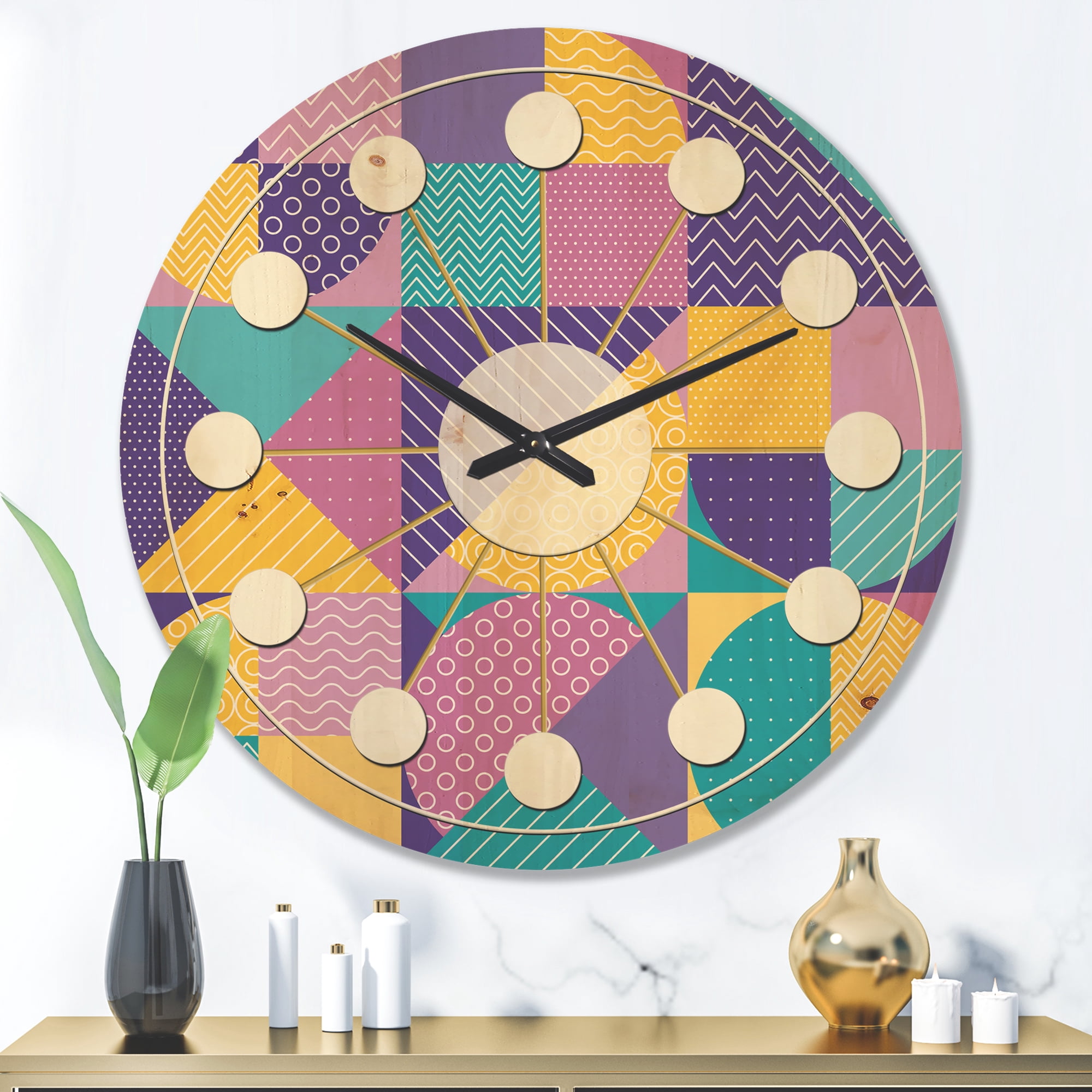 Designart 'Retro Geometrical Pastel Abstract I' Mid-Century Modern Wood Wall Clock