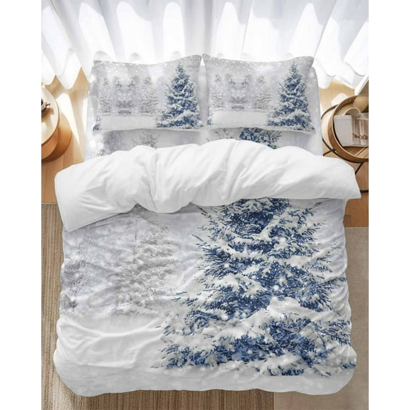 Christmas Tree Bedding Duvet Cover Set Twin Size 4 Pieces Winter Snowflakes Blue Abstract Art Decoration Bedding Set with Zipper Closure, 1 Comforter Cover 68x86 Inches 1 Flat Sheet & 2 Pillow Cases