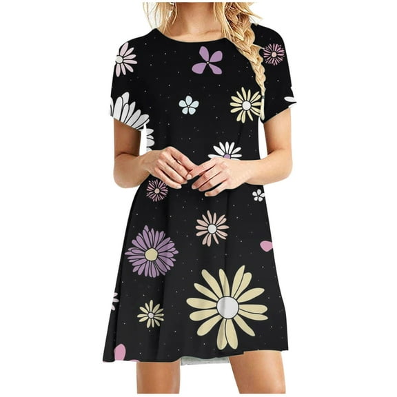 Babysbule Women's Summer Dresses Clearance Women Summer Sexy Casual Boho Crewneck Short Sleeve Floral Print Beach Mini Dress