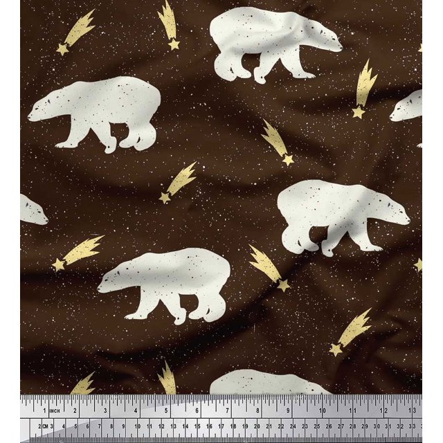 Soimoi Brown Poly Georgette Fabric Falling Star & Polar Bear Animal Printed Fabric 1 Yard 52 Inch Wide