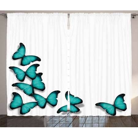 Turquoise Decor Curtains 2 Panels Set Butterflies Morphs Pattern
