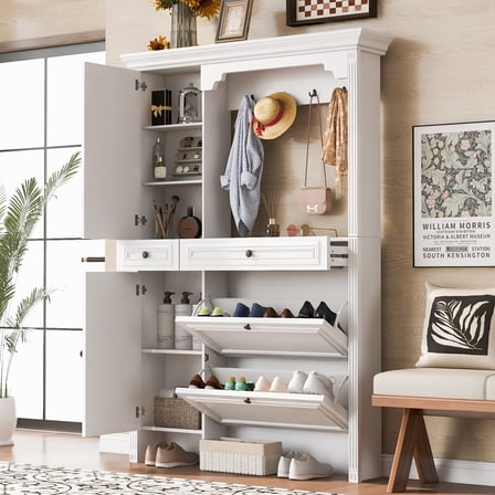 CATLK Modern Hall Tree with Shoe Storage, 4-in-1 Entryway Organizer Wooden Coat Rack with Shoe Cabinet and Mirrored Cabinet Door, 2 Flip Drawers and 4 Hooks for Entrance,Living Room, White