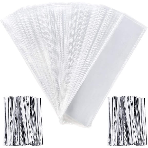 Pangda 200 Pieces Clear/Transparent Cello Bags Rectangle Plastic Treat Bags for Chocolate Candies Pretzel Cookies with 200 Pieces Twist Ties (Silver Ties)