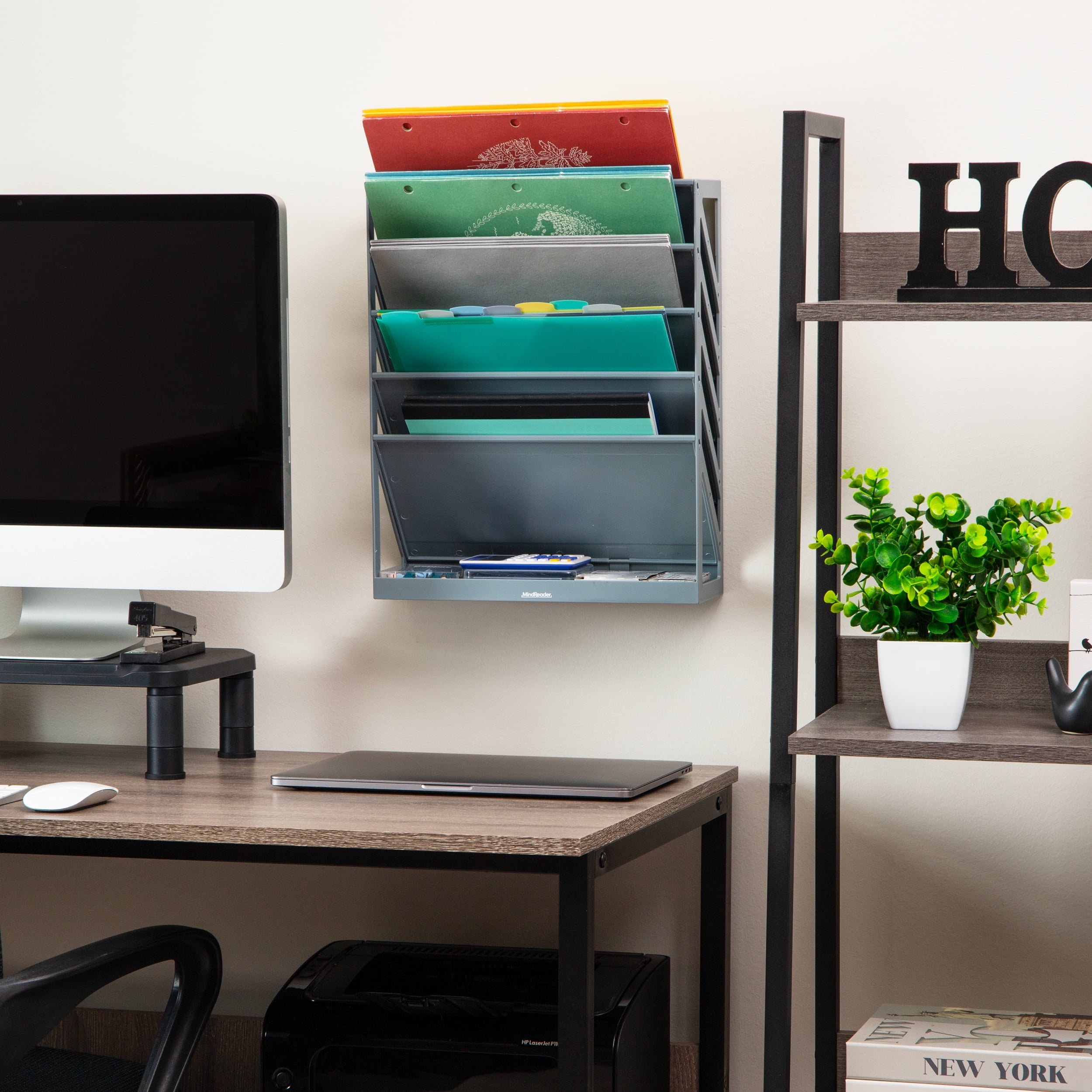 Mind Reader 5-Tier Vertical File Storage, Desktop Organizer, Wall Mount, Office, Plastic, 13"L x 4.25"W x 16"H, Gray
