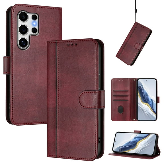 Allytechgroup Case for Samsung Galaxy S25 Ultra with Credit Card Slot, RFID Blocking PU Leather Flip Wallet Stand Phone Case with Lanyard Shockproof and Anti-Scratch Cover, Winered
