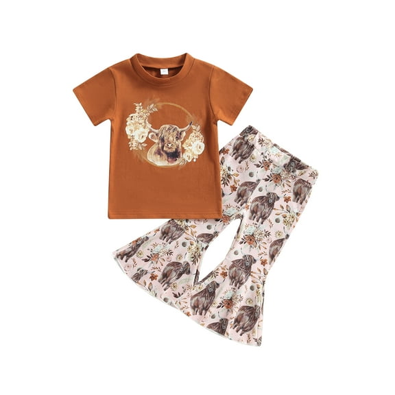 Bagilaanoe 2pcs Toddler Baby Girl Long Pants Set Floral Print Short Sleeve T-Shirts Tops   Flare Trousers 6M 12M 18M 24M 3T 4T Kids Casual Outfits