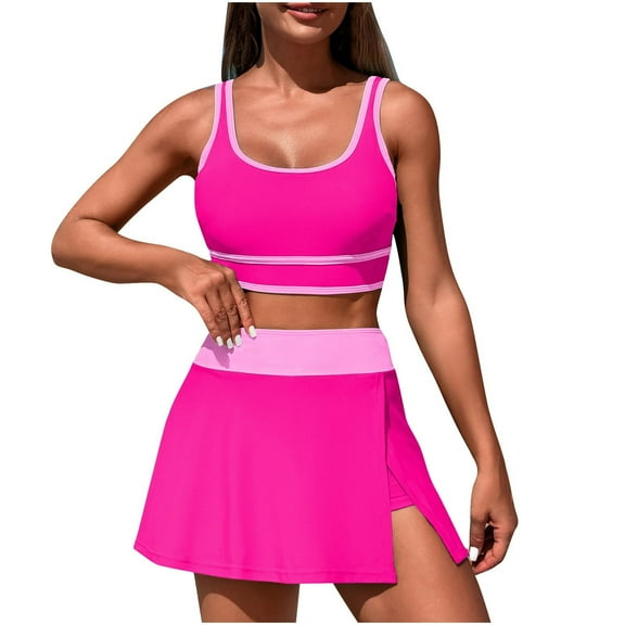 Dezsed Women Sports Color Block Swimsuits with High Waist Swim Skirt Sporty Two Piece Bathing Suit High Waisted Bikini Sets Pink L