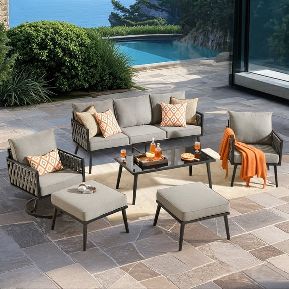 Ovios 6 Pieces Outdoor Patio Furniture Set Wicker Conversation Set Outdoor Sectional with Swivel Chairs
