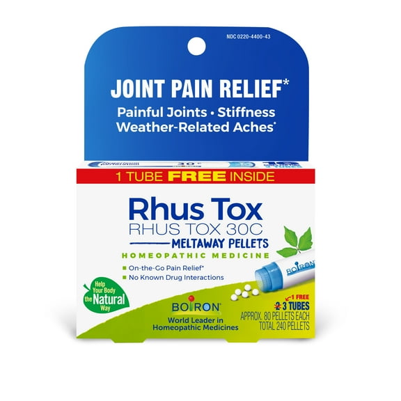 Boiron Rhus Tox 30C Bonus Pack, Homeopathic Medicine for Joint Pain Relief, Painful Joints, Stiffness, Weather-Related Aches, 240 Pellets