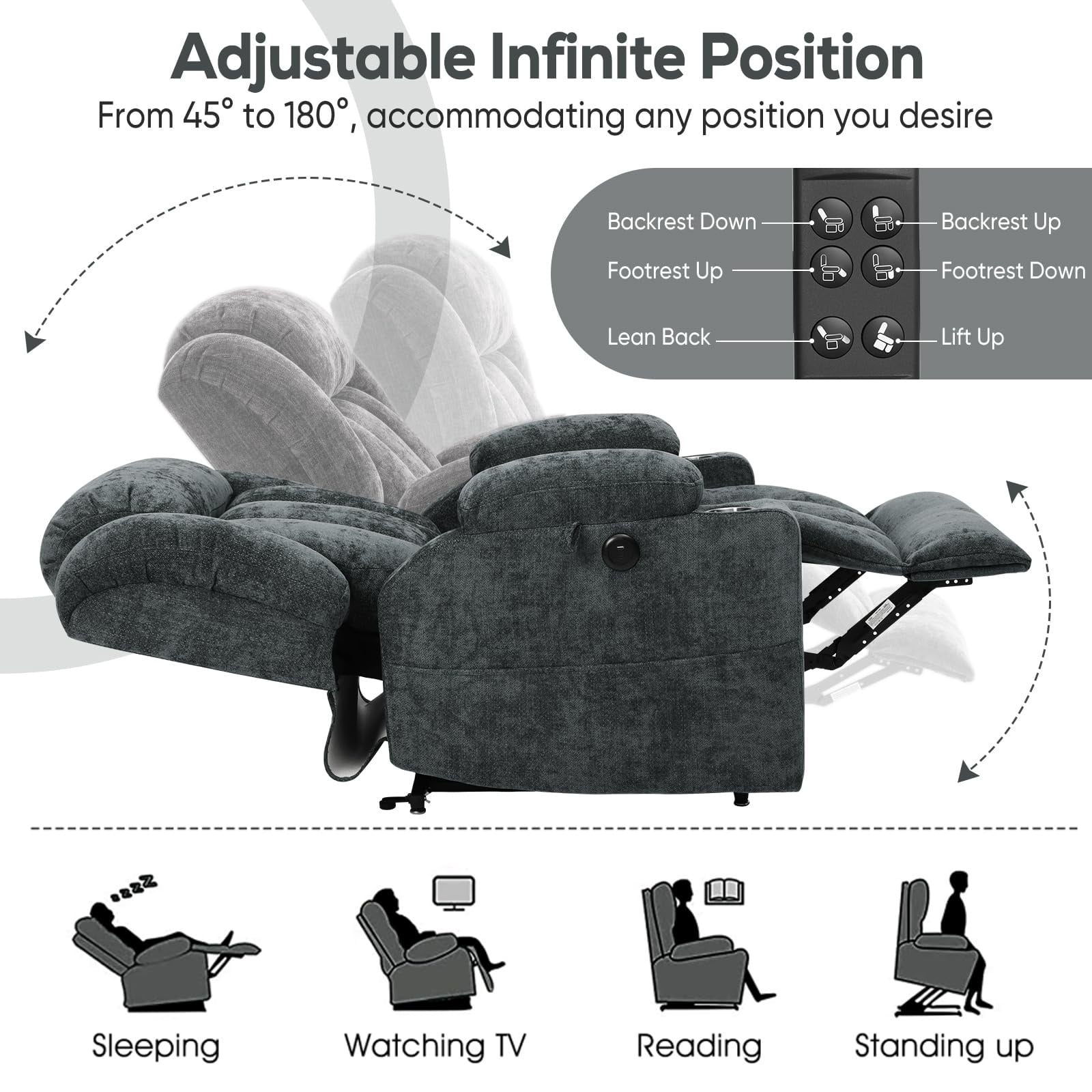 WACASA Lay Flat Recliner Chair with Heat and Massage, Dual Motor Lift Chairs for Elderly with Cup Holder, USB Ports, Oversized Power Recliners for Adults-Gray Blue