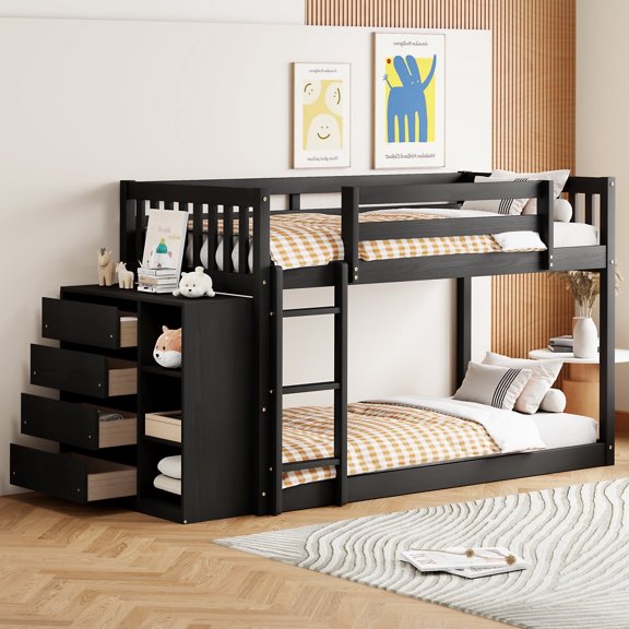 Newest Twin over Twin Bunk Bed with 4 Drawers and 3 Shelves-Espresso