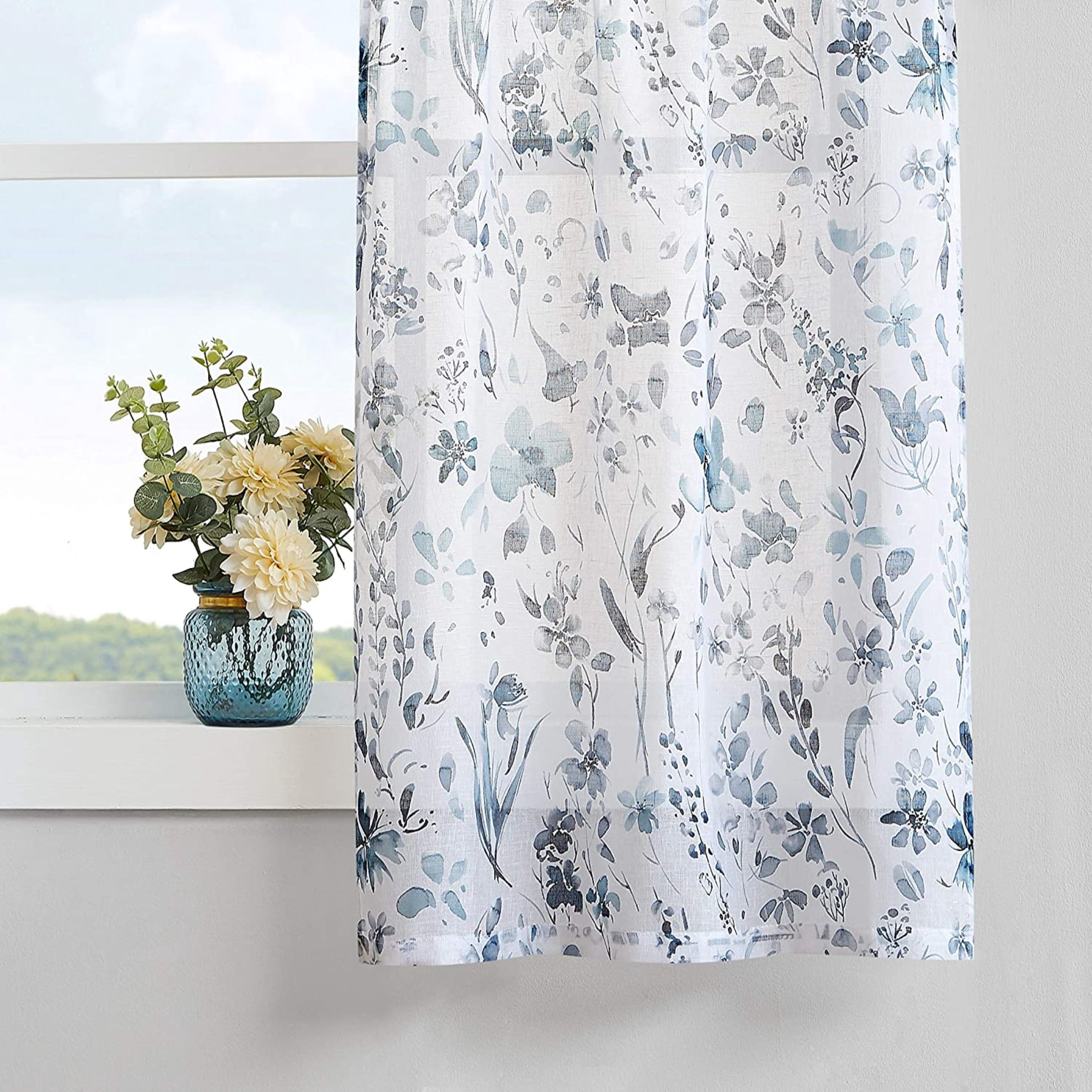 Fragrantex Gray Blue Kitchen Curtains Flower Small Curtains Linen