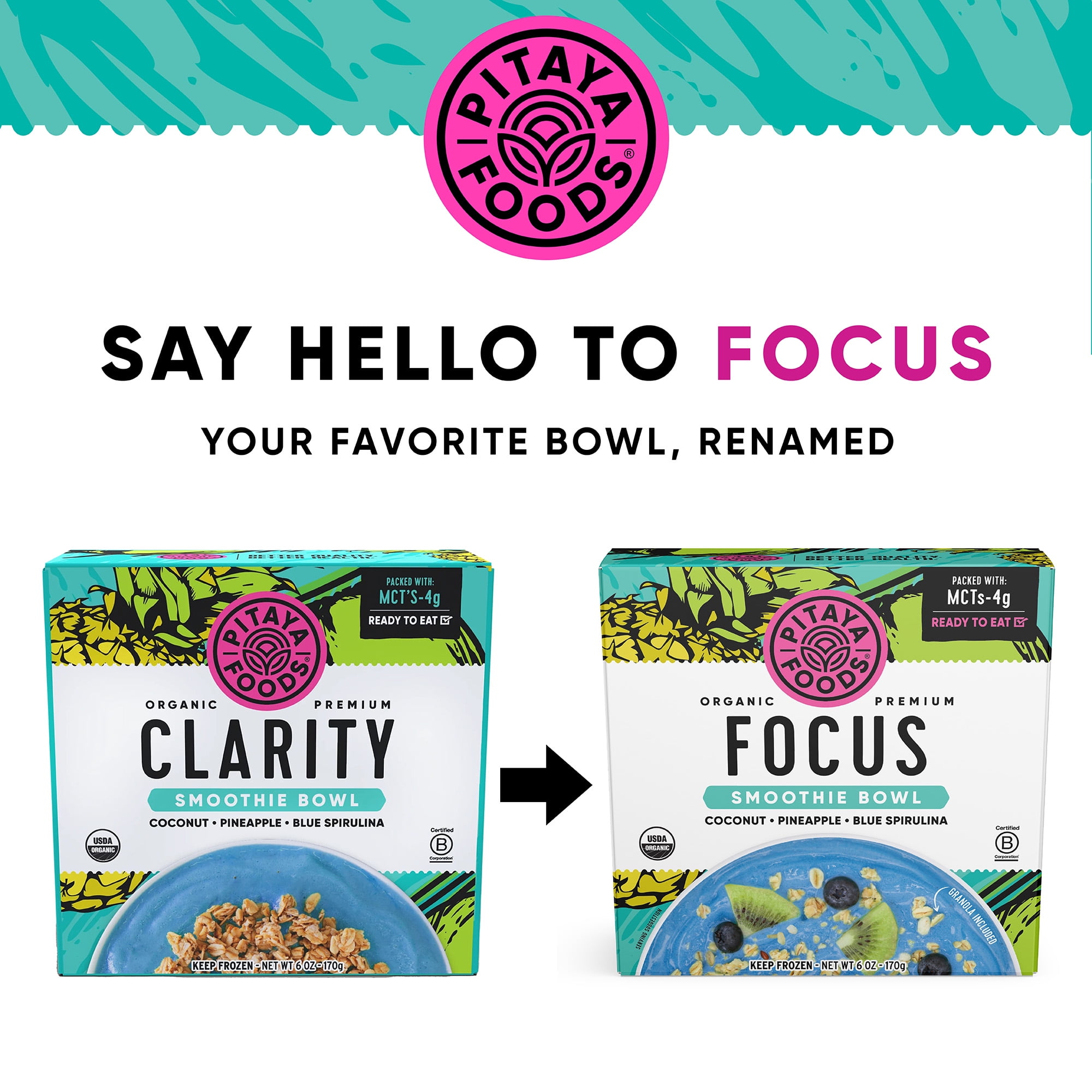 Pitaya Foods Focus Ready-to-Eat Frozen Smoothie Bowl, Coconut, Pineapple, & Blue Spirulina, Organic, 6 oz.