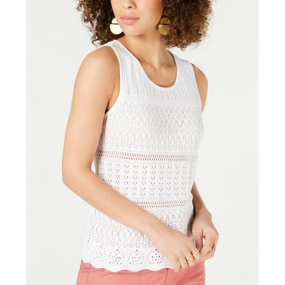 Style & Co Scallop Hem Pointelle Sleeveless Sweater Bright White XS