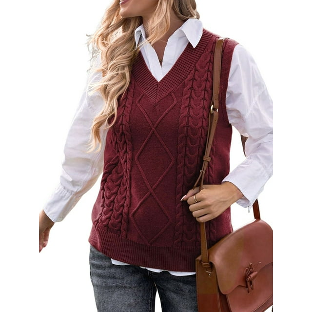 Oversized Sweater Vest for Women V Neck Sleeveless Solid Color Loose Pullover Sweater Dark Red S