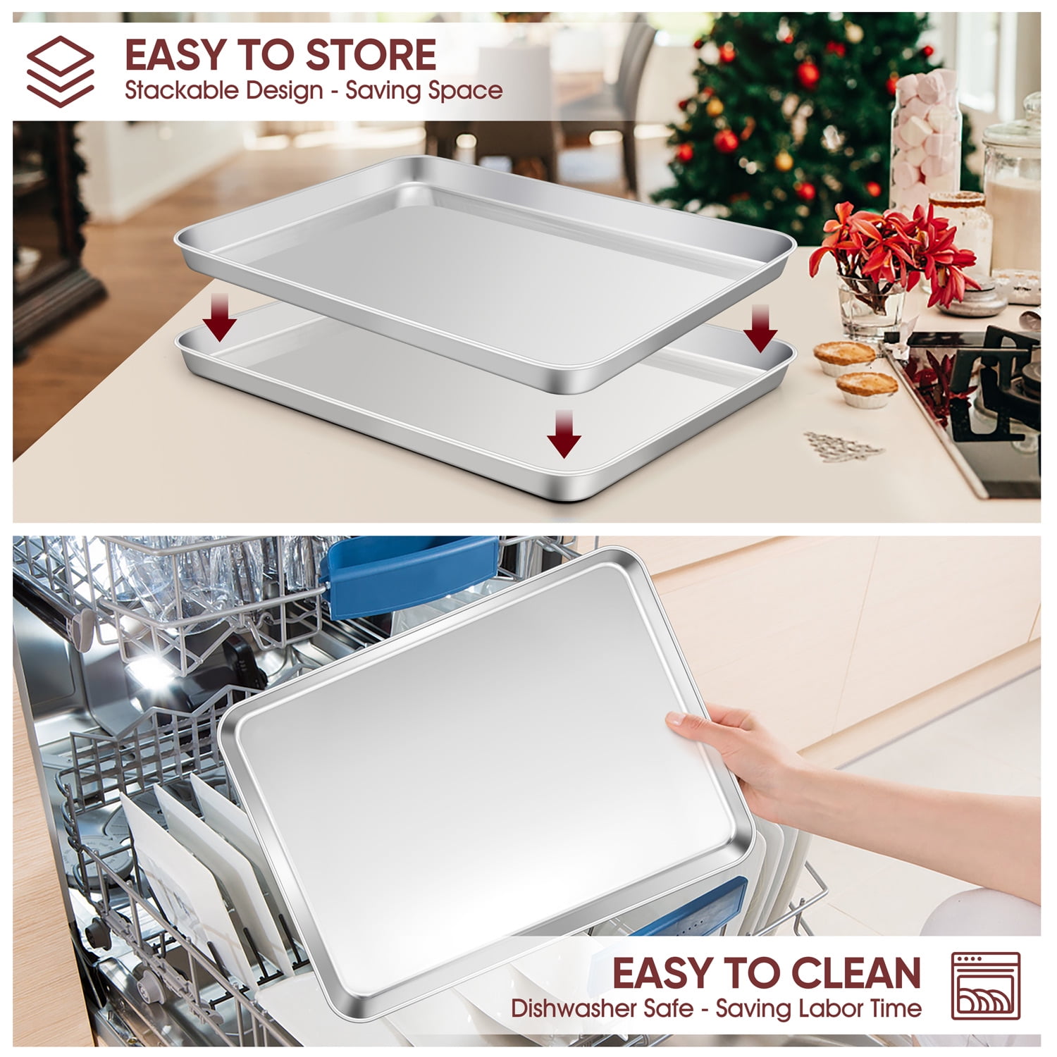 VeSteel Baking Cookie Sheet Set of 2, 17.7 x 13 x 1 inches Stainless Steel Rectangle Baking Pan Oven Tray, Dishwasher Safe