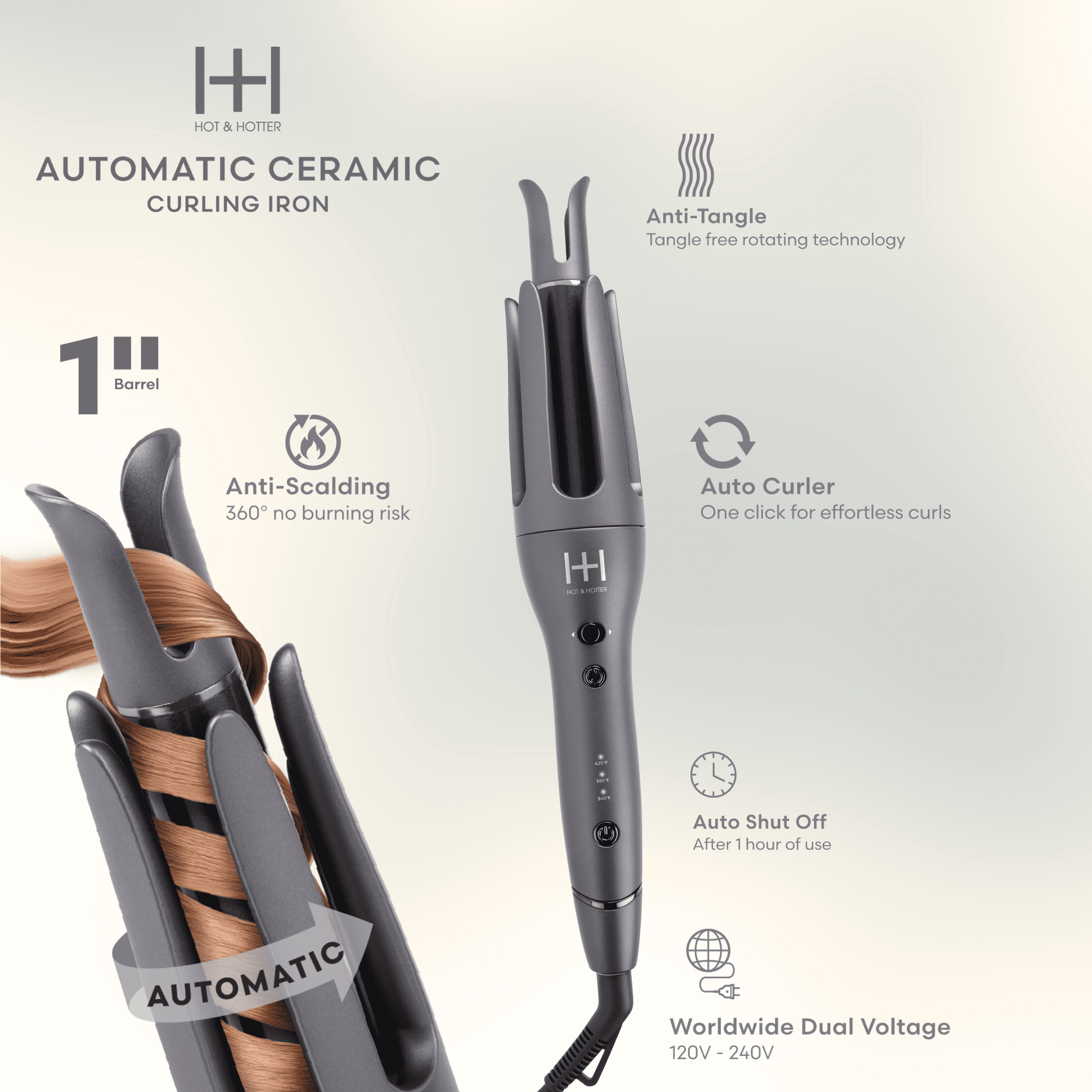 Hot & Hotter Ceramic Auto Curler 1 Inch, 1 Count, Grey