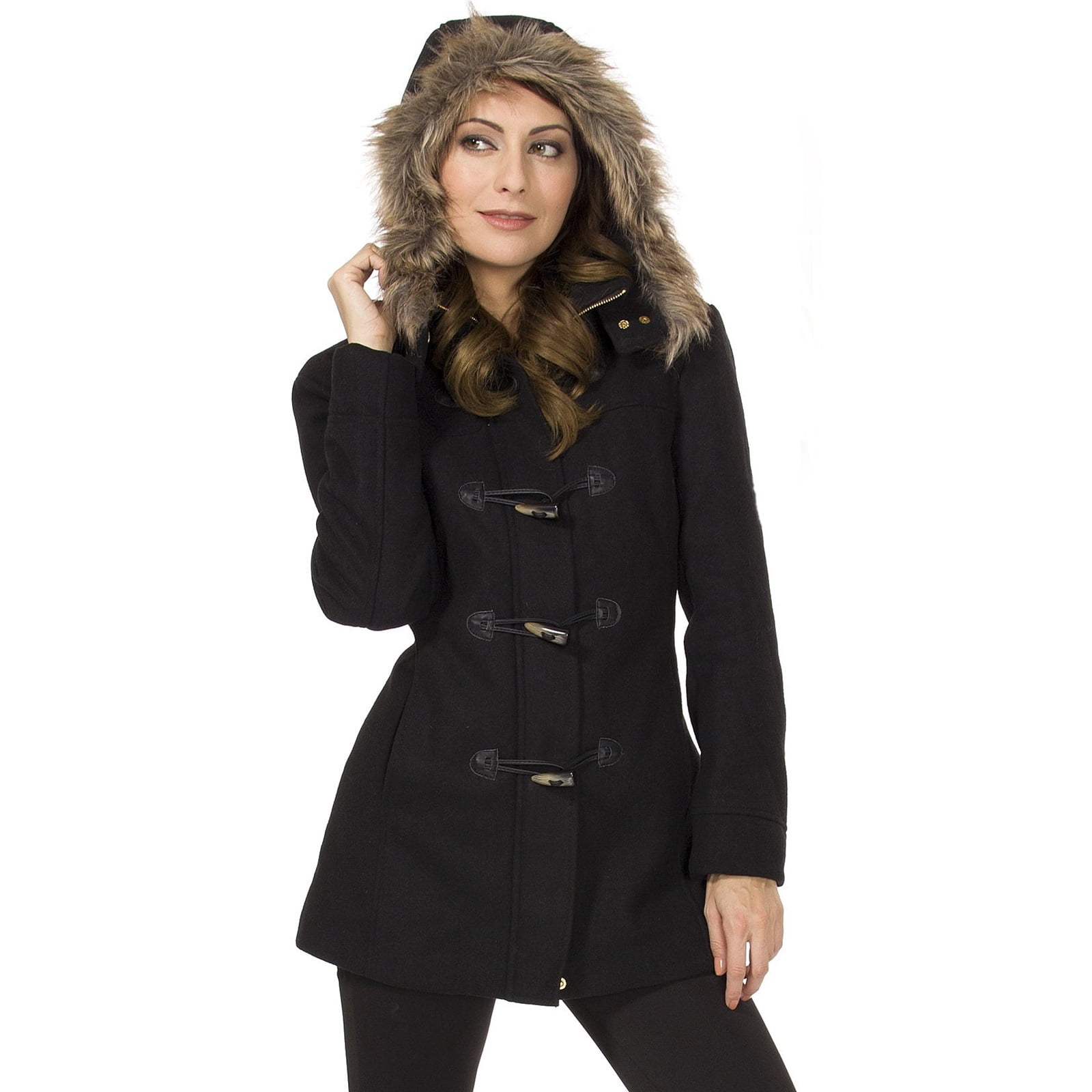 Womens Hooded Parka Coat Faux Fur Trim Toggle Button Wool Blazer ...