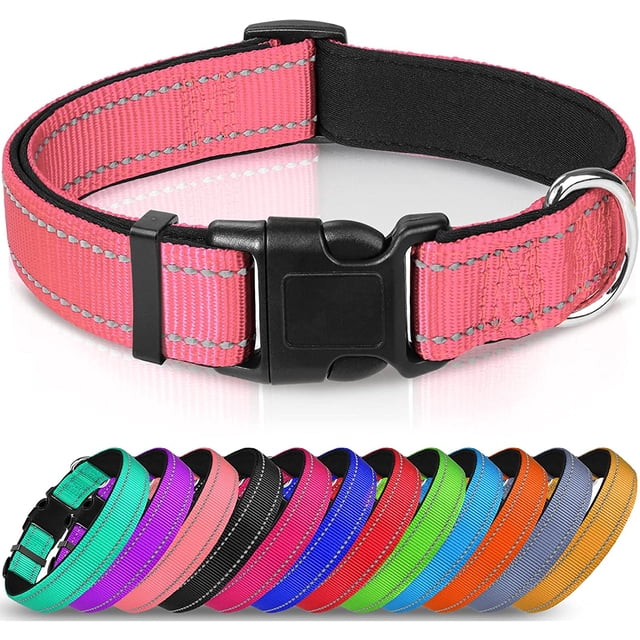 Collar de nailon para perro con tira reflectante, collar clásico acolchado para perros medianos, rosa, talla M