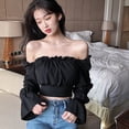 thumbnail image 5 of Women's Solid Slash Neck Sexy Bandage Navel Exposed Long Sleeve Shirt Blouses, 5 of 6