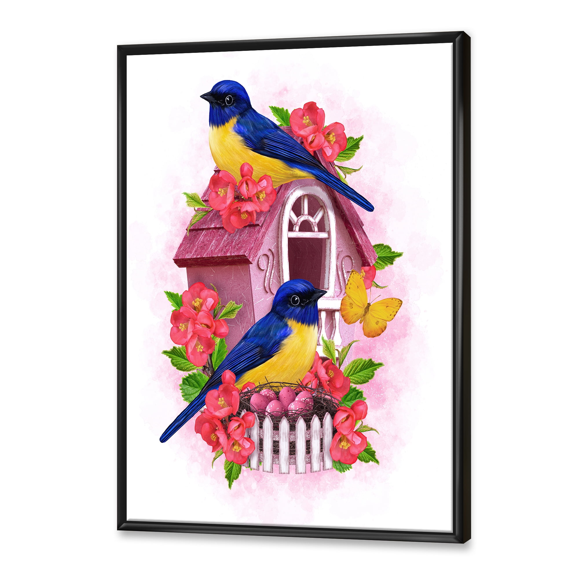 Designart 'Two Yellow and Blue Tit Birds Sitting Near The Nest' Traditional Framed Canvas Wall Art Print