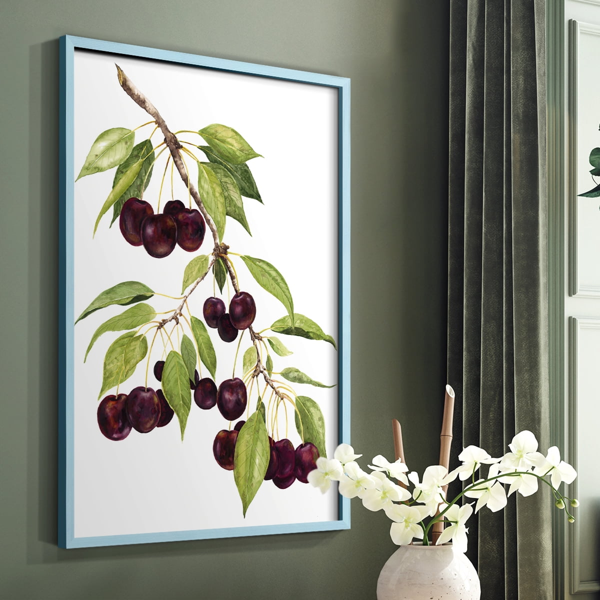 Watercolor Cherries Framed Print in Blue Solid Wood 8 x 10 Framed Print