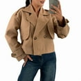 thumbnail image 3 of Women'S Cropped Trench Coat Double Breasted Lapel Collar Short Jacket Long Sleeve Fall Winter Outerwear Khaki L, 3 of 9