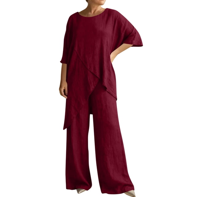 RKSTN Lounge Ensembles pour Femmes Ensembles en Lin Flammé pour Femmes 2 Pcs Col Ras du Cou Manches Courtes Coupe Ample Ensembles Décontractés