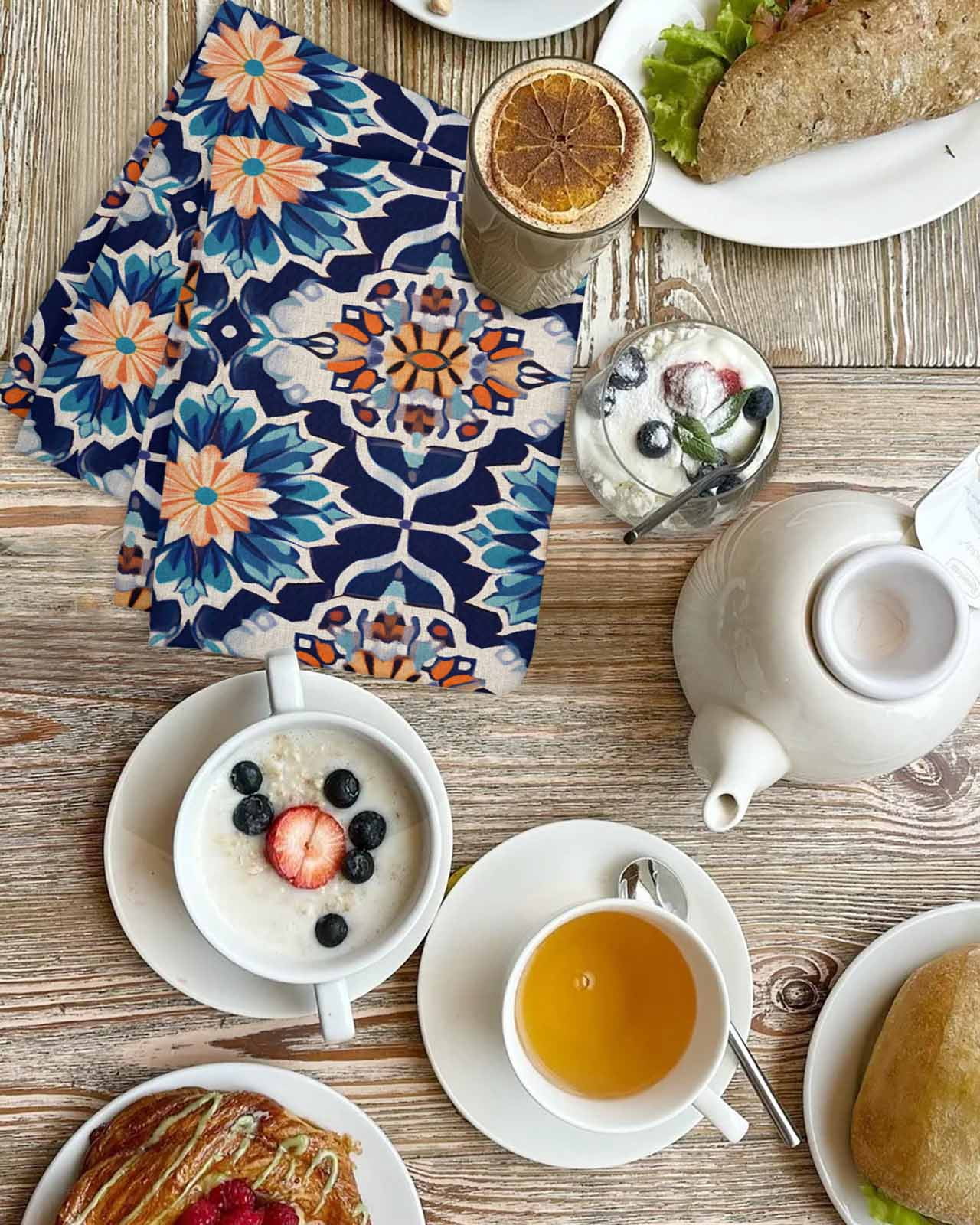 Orange Blue Hand Towels Set,Waffle Weave Kitchen Towels 4 Pieces,Morocco Boho Abstract Floral Ethnic Tribal Microfiber Hair Face Bath Tea Towel Absorbent Quick Drying Cleaning Dish Cloths,15.7"x23.6"