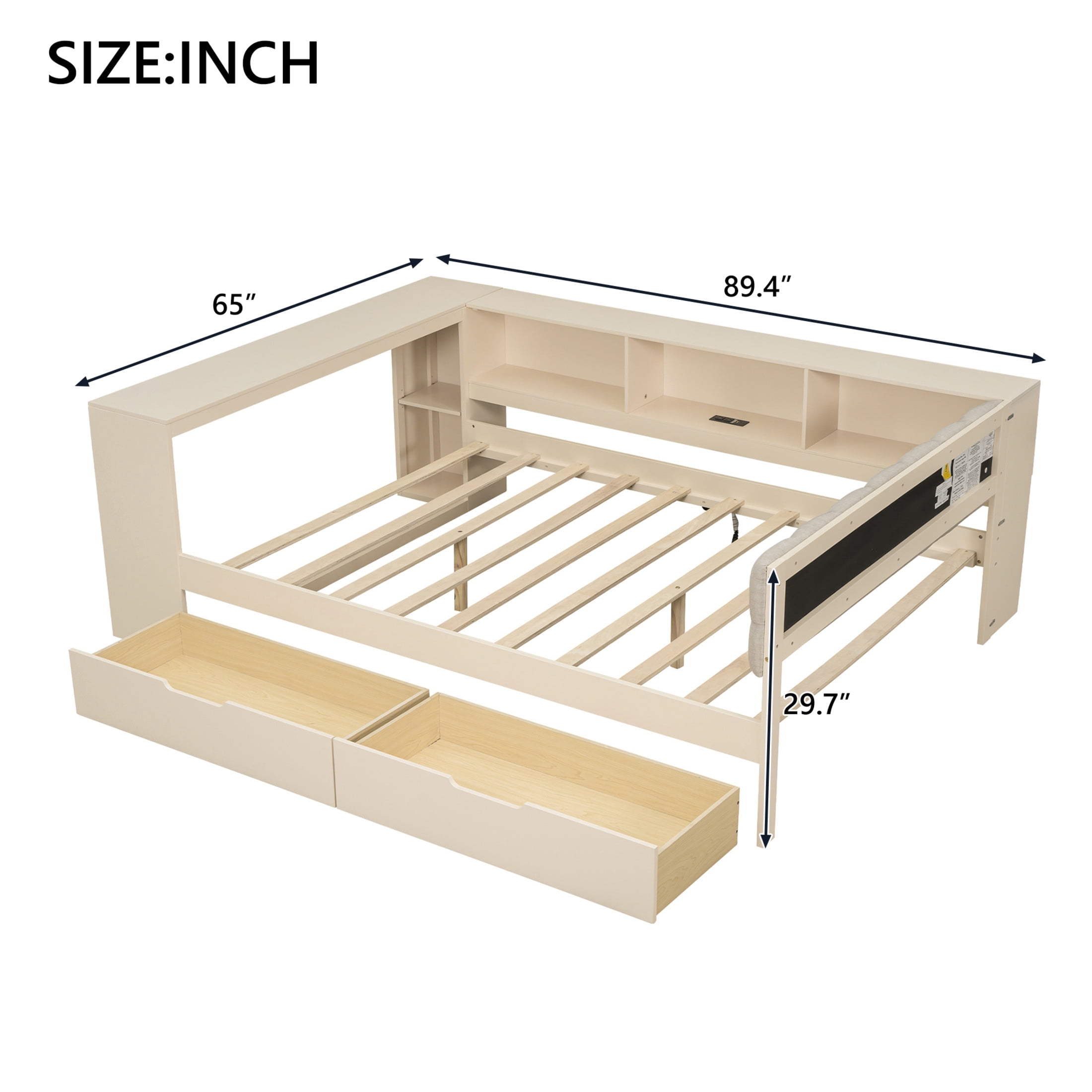 Noble House Udolf Full Platform Bed with Upholstered Headboard, Storage Shelves and Drawers, Charging Station, Cream