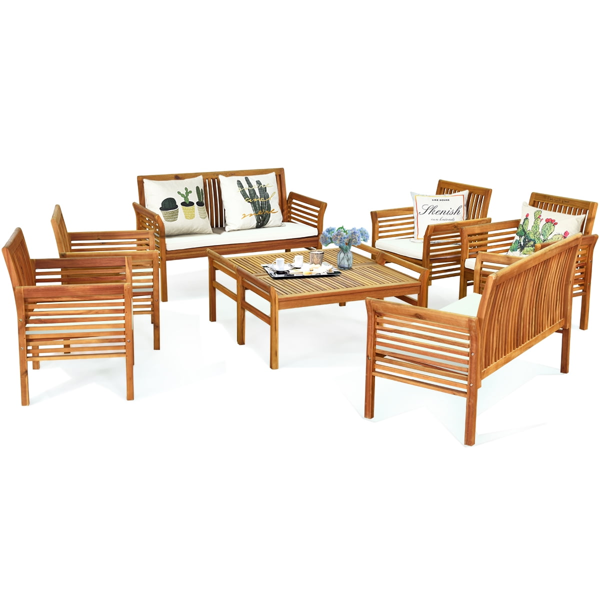 Gymax 8pcs Wooden Patio Conversation Set Outdoor Furniture Set W Cushion Walmart Canada