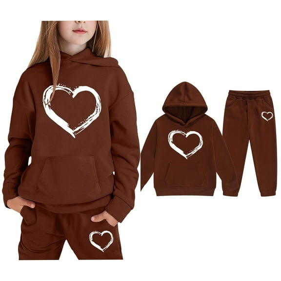 LIUYUNNN Kids Girls Boys Sweatsuit Set 2 Piece Long Sleeve Brown Heart Tracksuit Pullover Hoodie Jogger Set Fall Clothes Preppy Clothes for Girls 5-6 Years Boys Girls Autumn and Winter Outfits