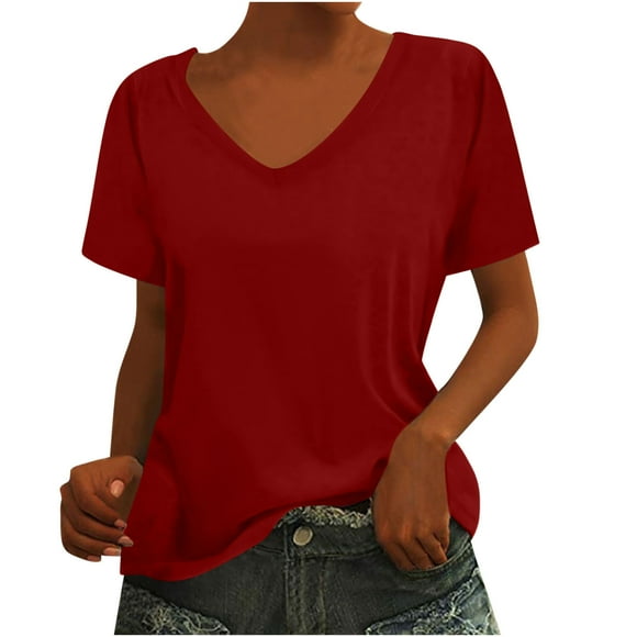 Olyvenn Womens V Neck Short Sleeve T Shirts Casual Loose Fit Shirt Short Sleeve Fashion Summer Tops Basic Tee 2025 Red XXL