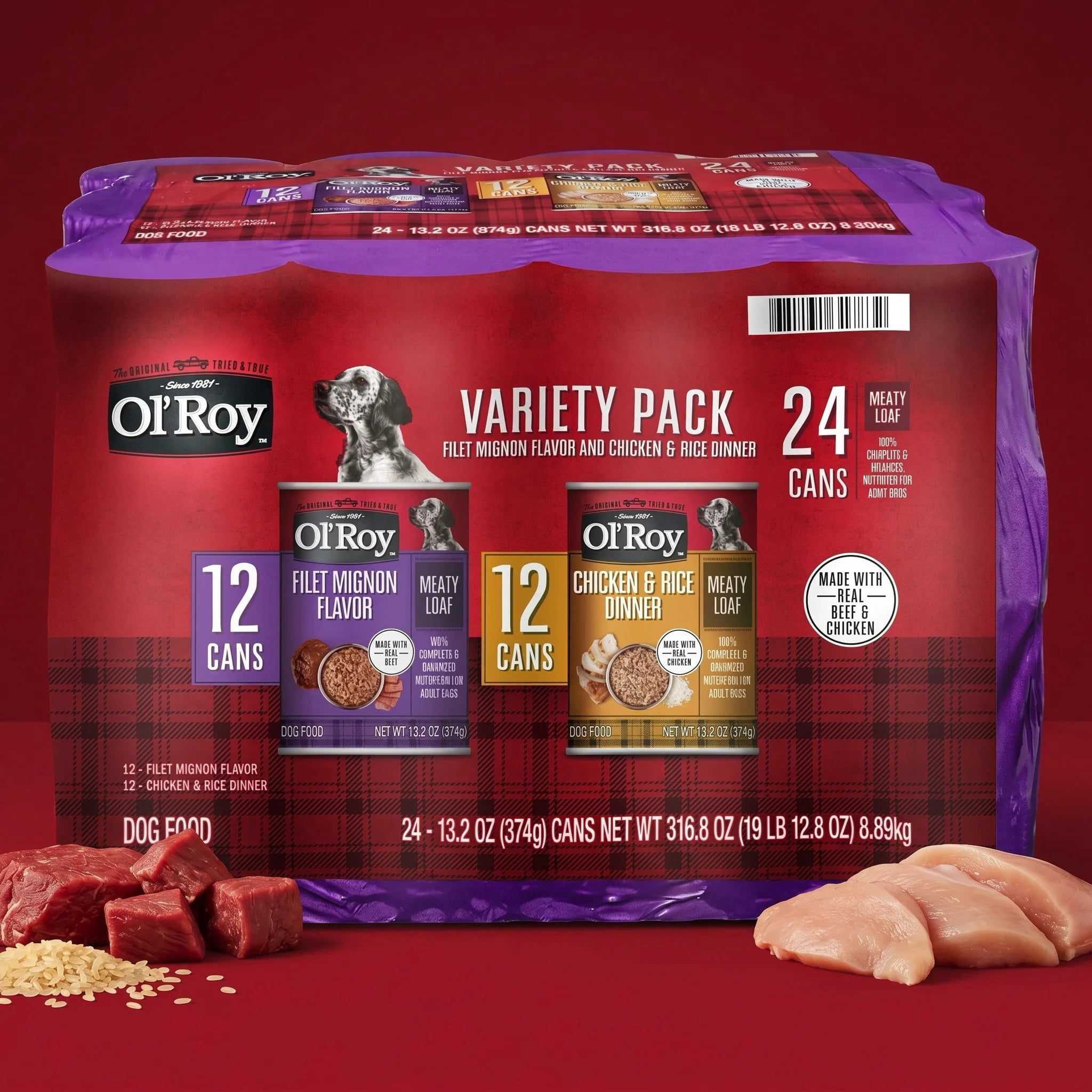 (15 pack) Ol' Roy Filet Mignon Flavor and Chicken and Rice Flavor Wet Dog Food Variety Pack, 13.2 oz Cans, 24 Pack