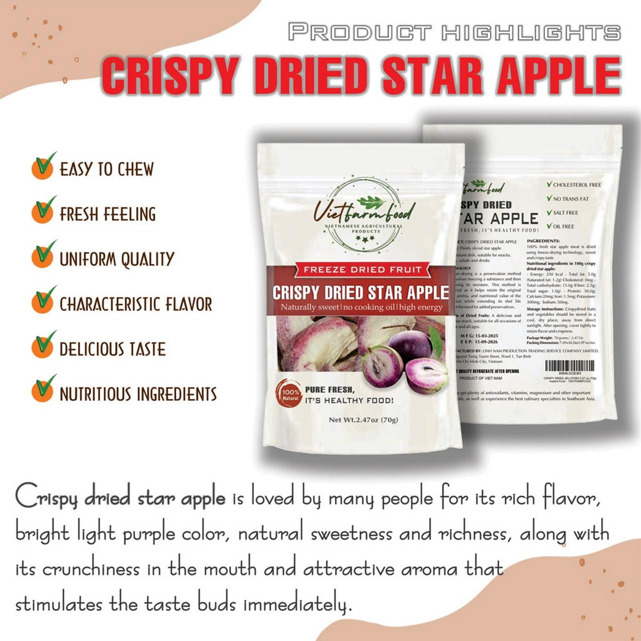 CRISPY DRIED STAR APPLE 2.47 oz (70g) VIETFARMFOOD: Freeze-dried, no sugar added, naturally sweet. Nutritious, pure, and crunchy. Great for snacking, toppings, desserts or healthy gifting