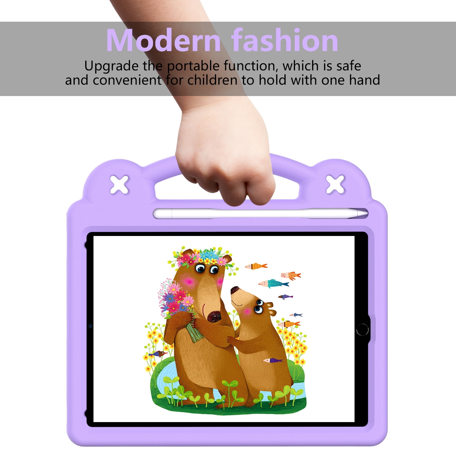 ELEHOLD Kids Case for iPad 6th/5th Gen/Pro (2018/2017/2016) 9.7 inch, EVA Foam Cute Cartoon Case with Built-in Kickstand Pencil Holder Shockproof Portable Case for iPad 9.7"/iPad Air/Air 2,Lightpurple